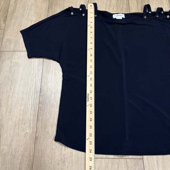 Carmen Marc Valve Navy Blue Cold Shoulder Satin Soft Blouse Business Work Small - Picture 5 of 6